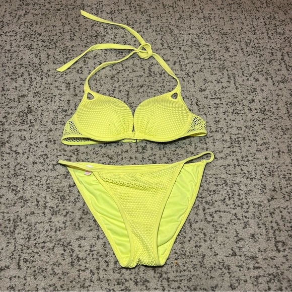 Victorias Secret Neon Yellow Mesh The Gorgeous Push Up Bikini Top & Bottoms Set - Picture 1 of 15